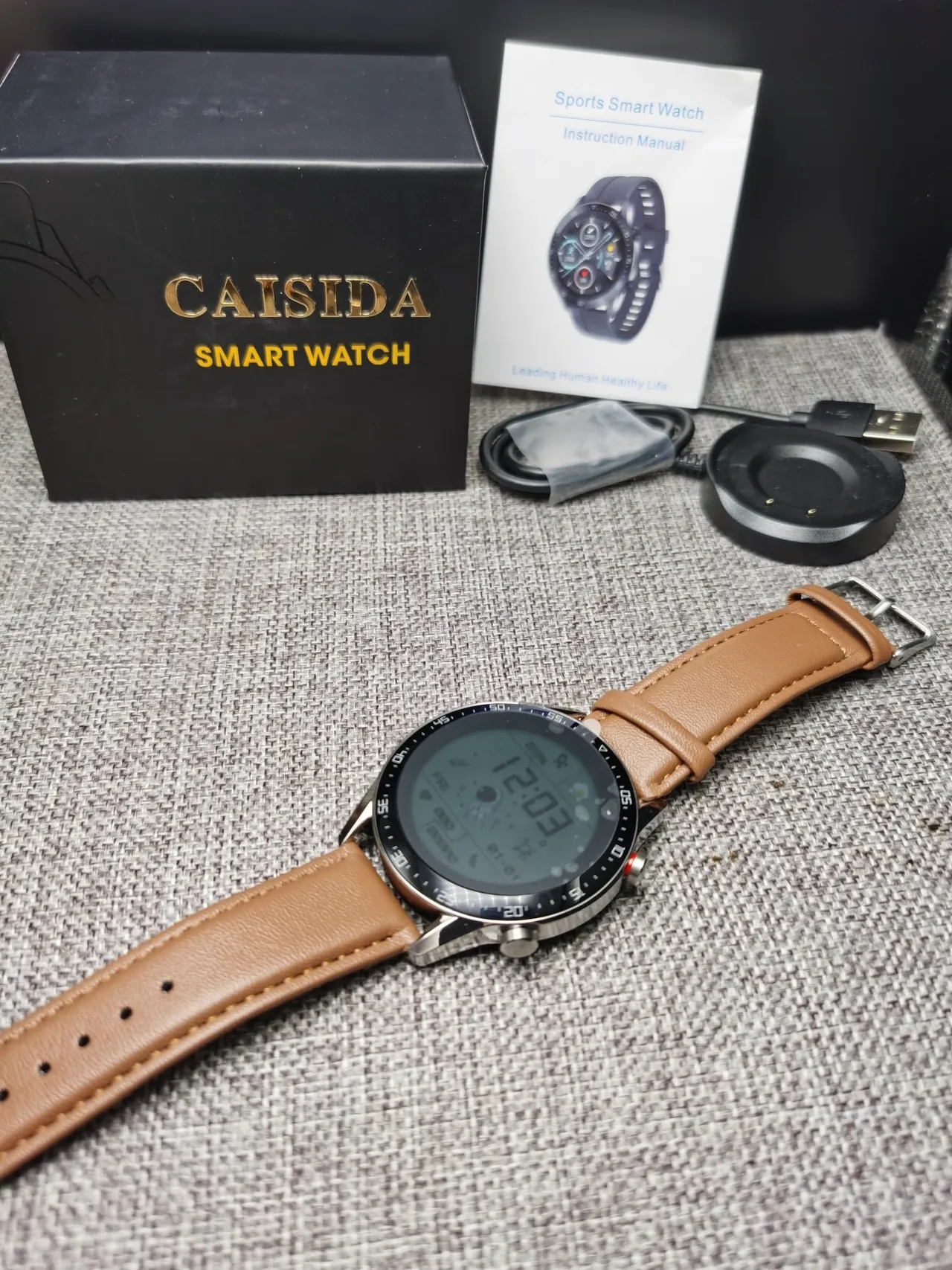 CAISII Brown Silver Round Case Tan Leather Strap Sports Watch 2