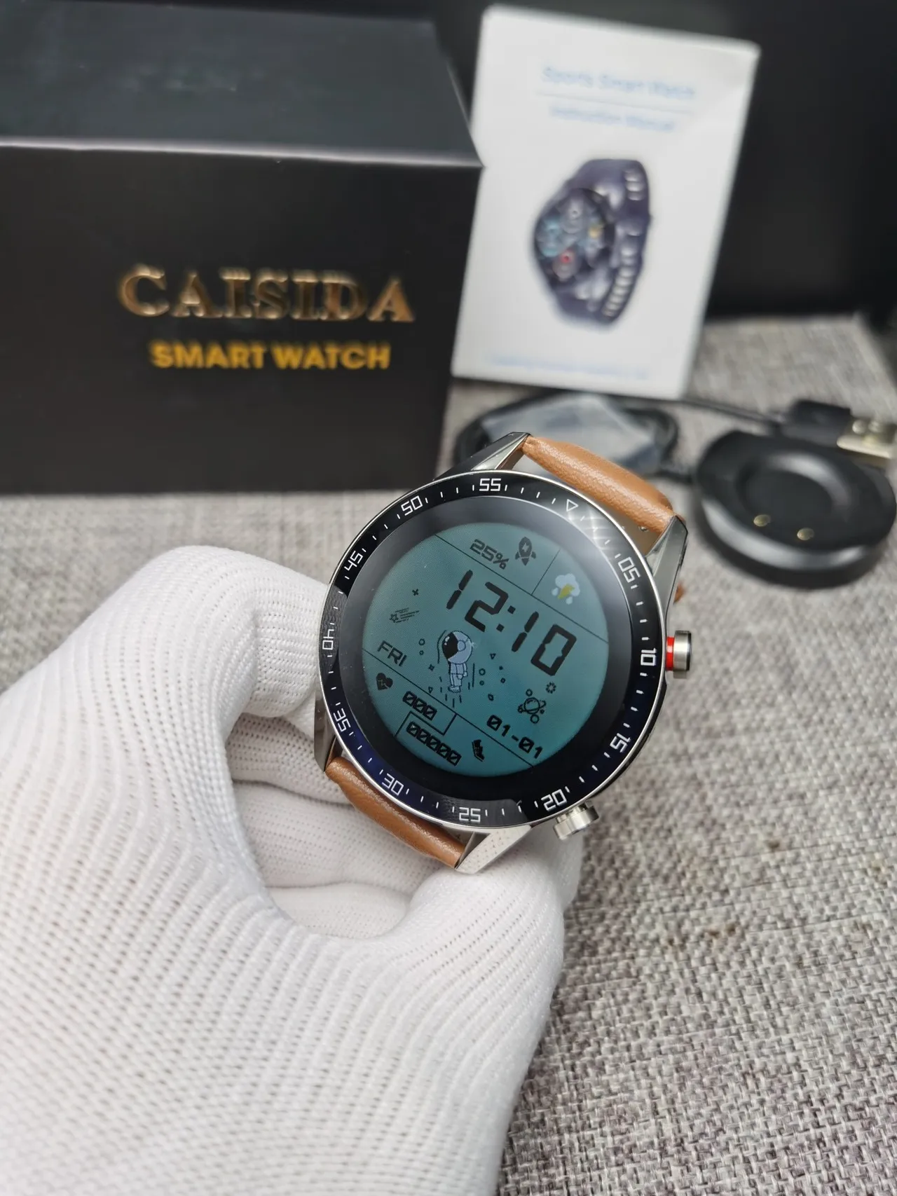 CAISII Brown Silver Round Case Tan Leather Strap Sports Watch 3