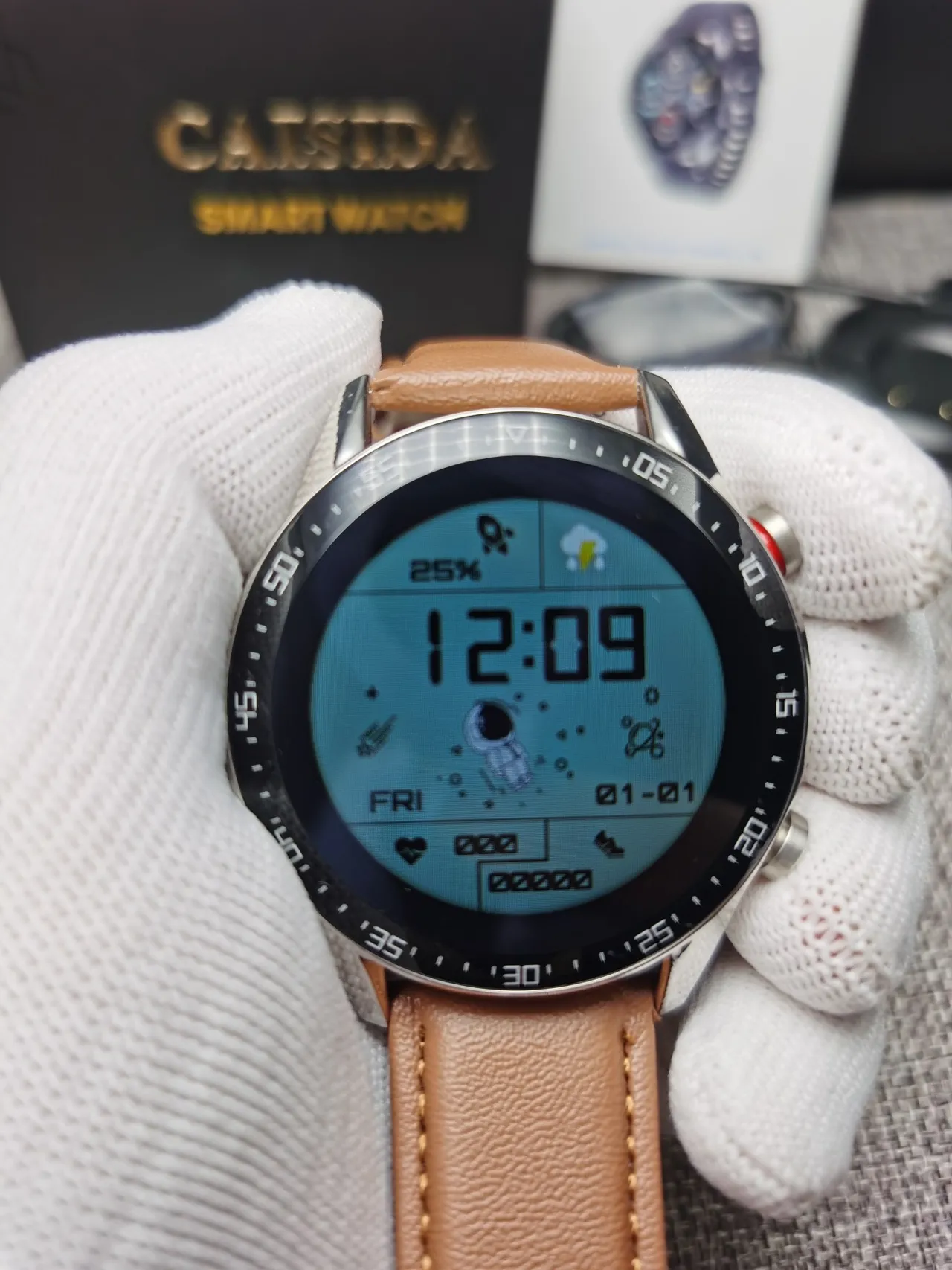 CAISII Brown Silver Round Case Tan Leather Strap Sports Watch 4