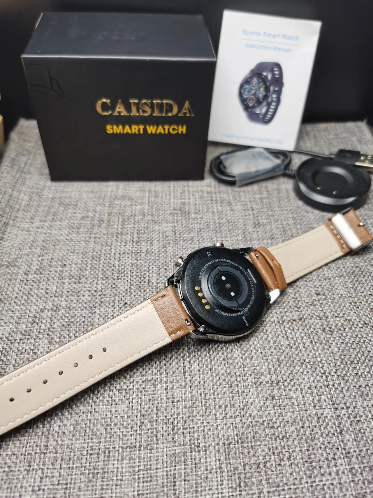 CAISII Brown Silver Round Case Tan Leather Strap Sports Watch 5