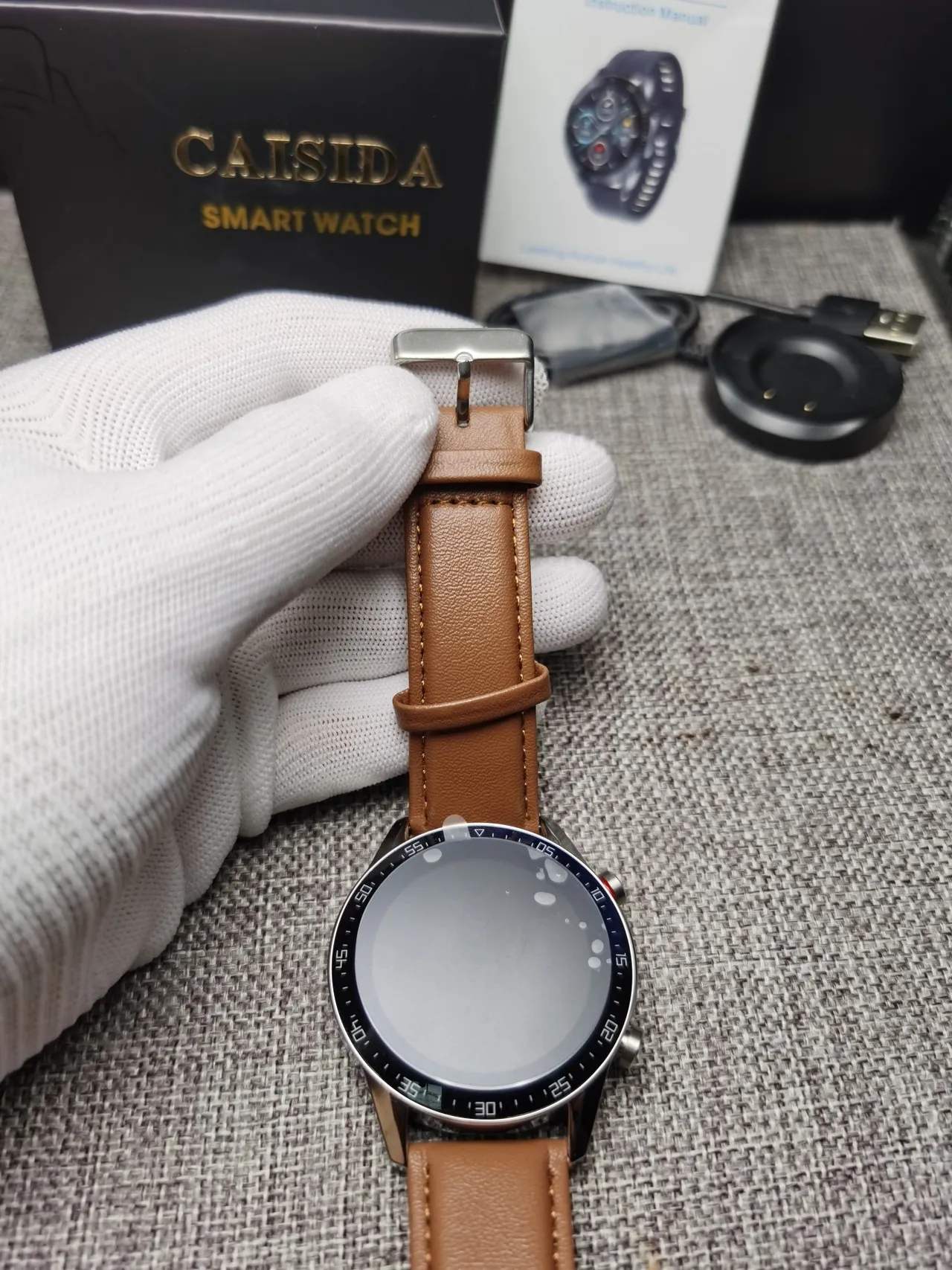 CAISII Brown Silver Round Case Tan Leather Strap Sports Watch 6