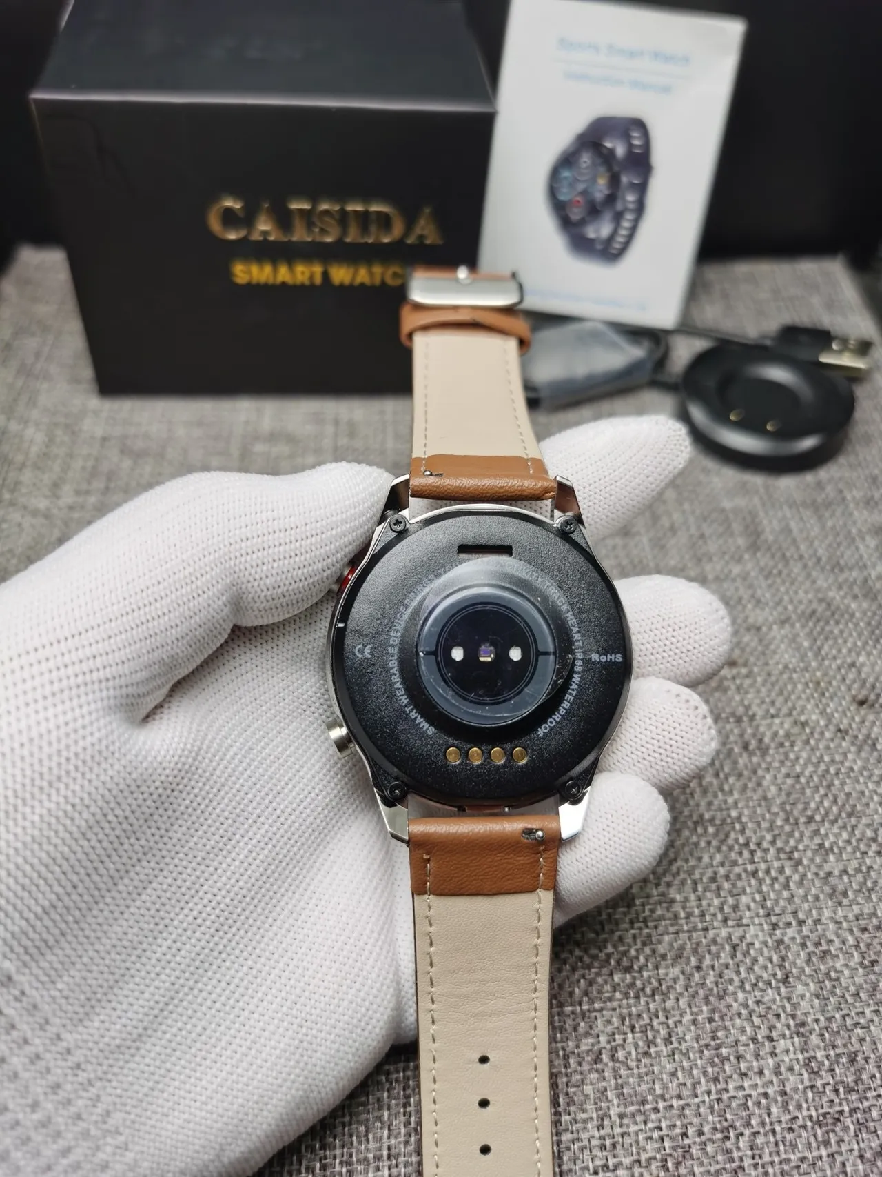 CAISII Brown Silver Round Case Tan Leather Strap Sports Watch 7