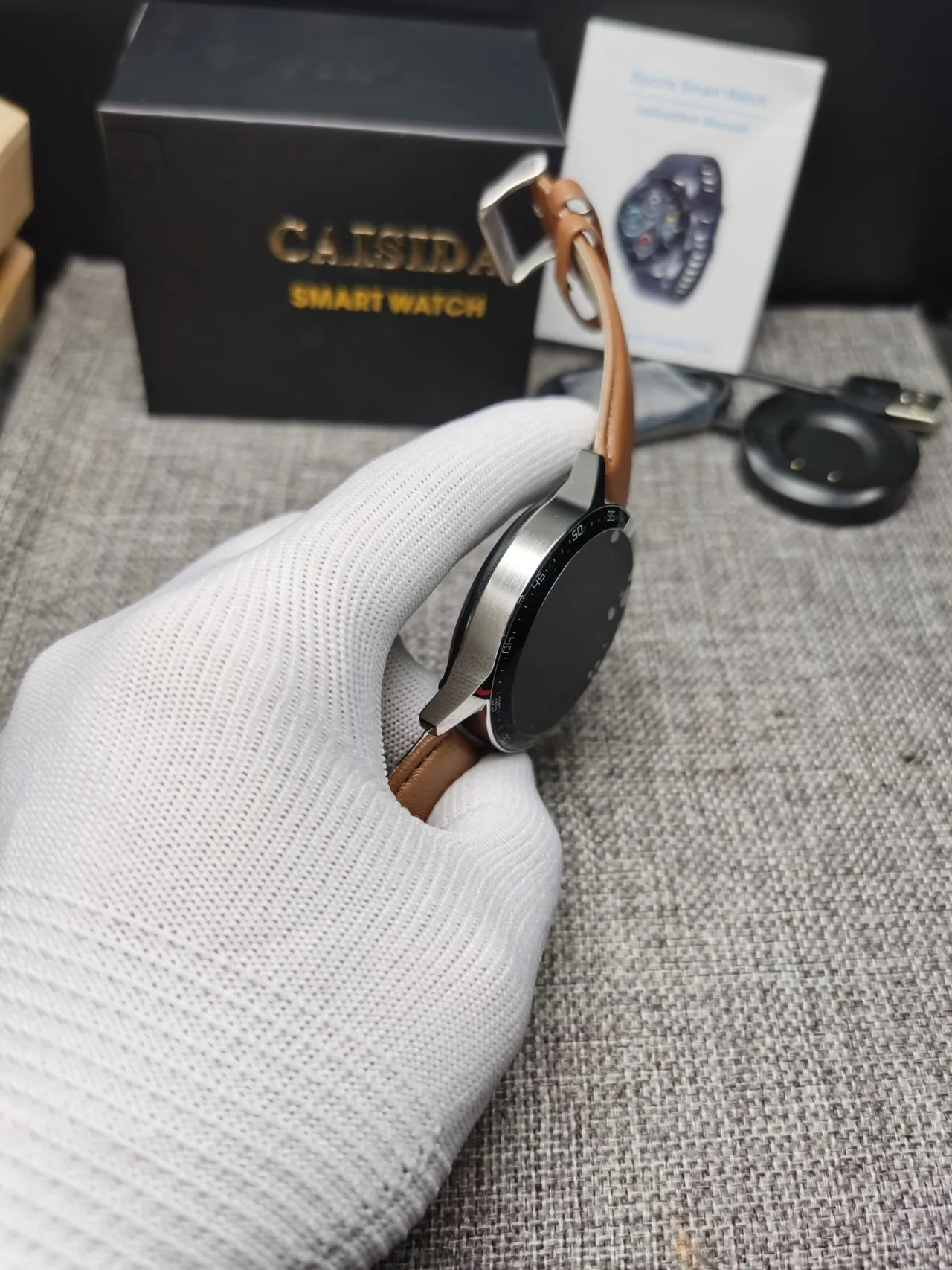 CAISII Brown Silver Round Case Tan Leather Strap Sports Watch 8