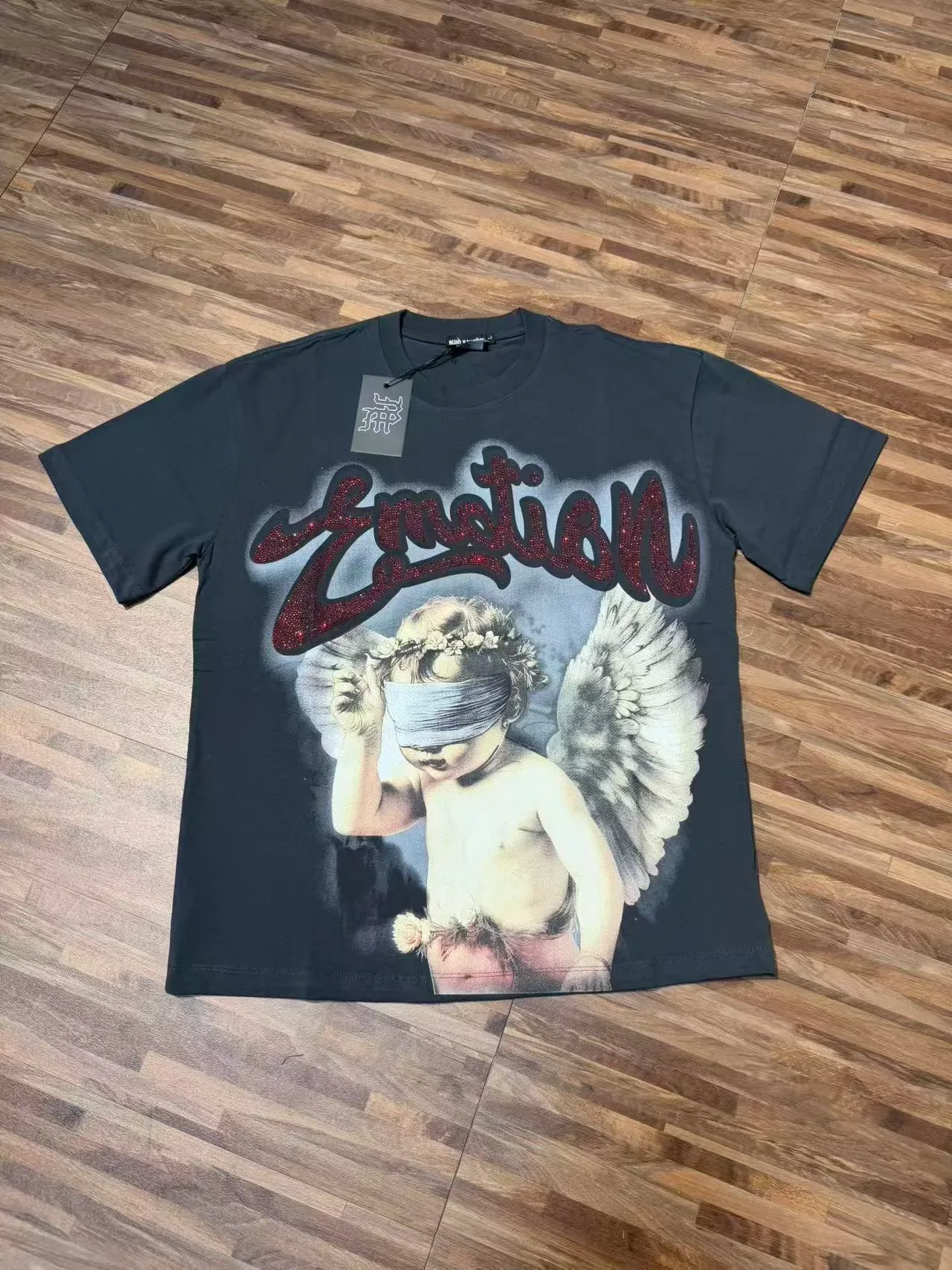 Charcoal Gray Glitter 'Emotion' Angel Graphic T-Shirt 2