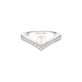 CHAUMET व-आकार का Pavé डायमंड और पर्ल अंगूठी