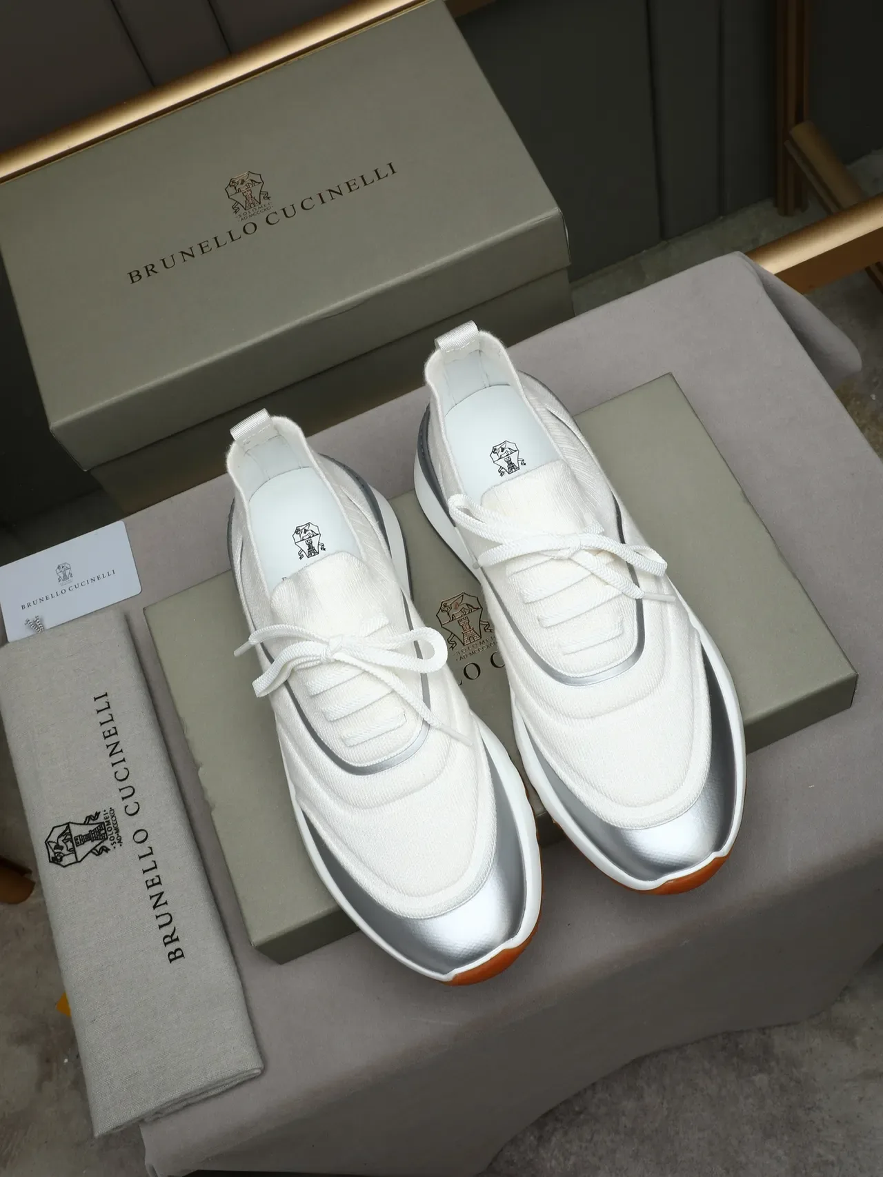 Cucinelli White Silver Knit Upper Metallic Toe Cap Sneakers 3