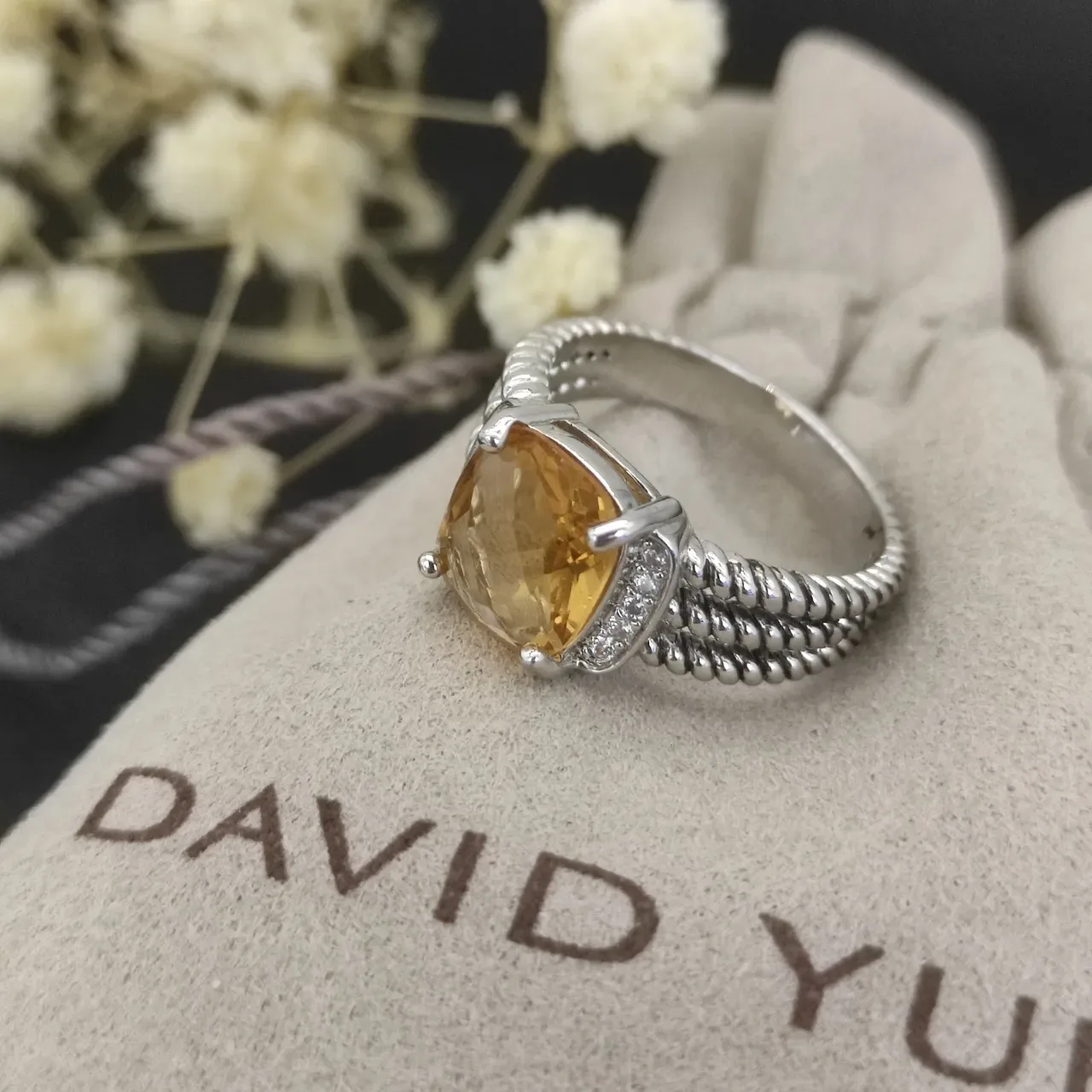 Cushion-Cut Citrine and Pavé Accent Twisted Rope Band Ring 2
