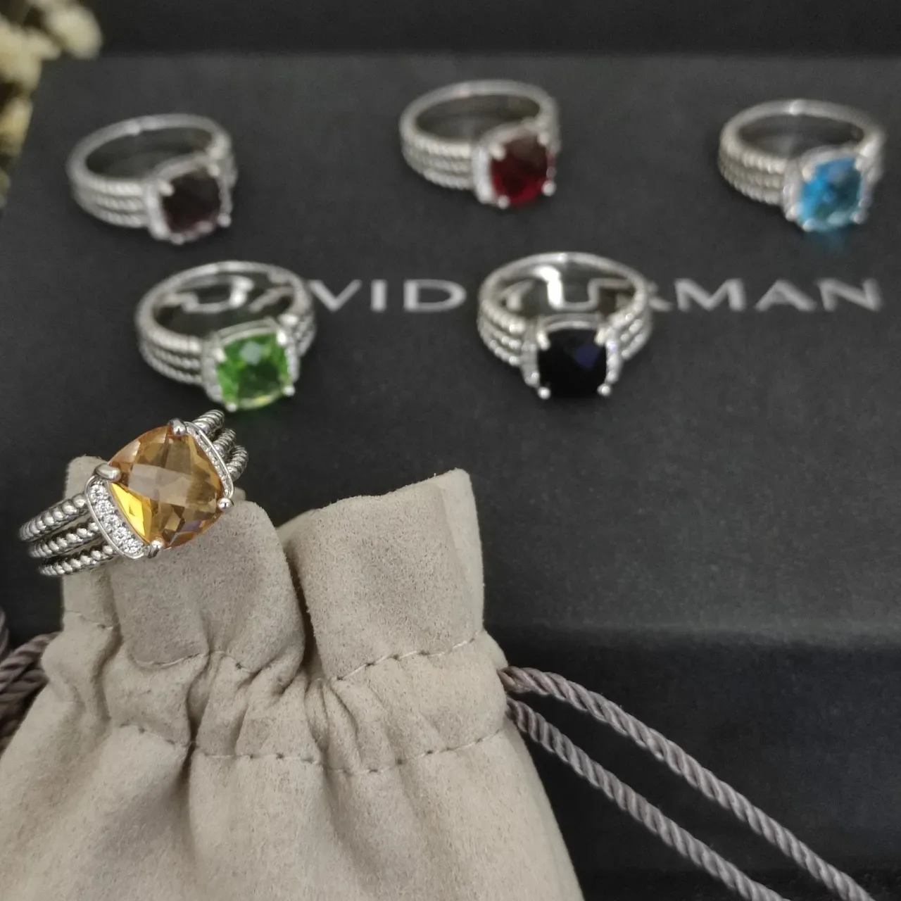 Cushion-Cut Citrine and Pavé Accent Twisted Rope Band Ring 3