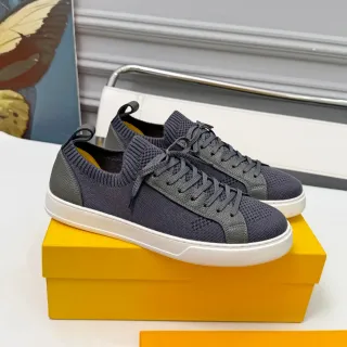 Dark Gray Knit and Leather Overlay Low-Top Sneakers