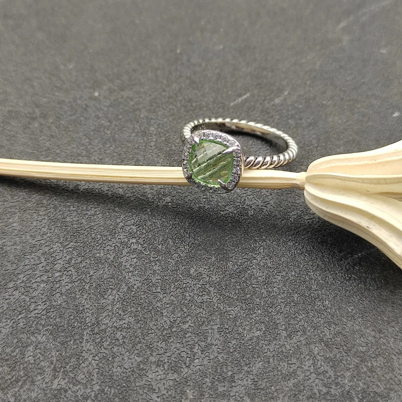 David Yurman Albion Cushion-Cut Green Gemstone Pavé Halo Ring 6