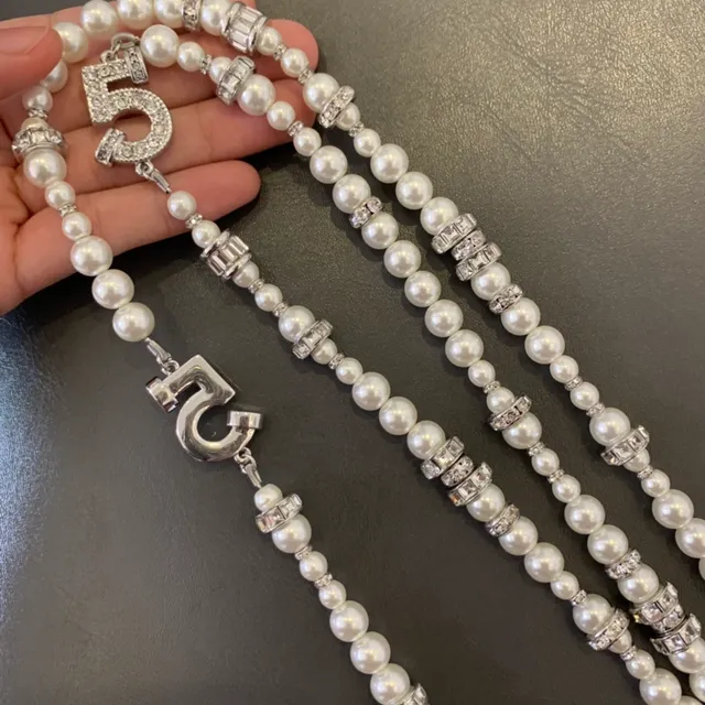 Double-Strand Pearl and Crystal Numeric Charm Necklace 4