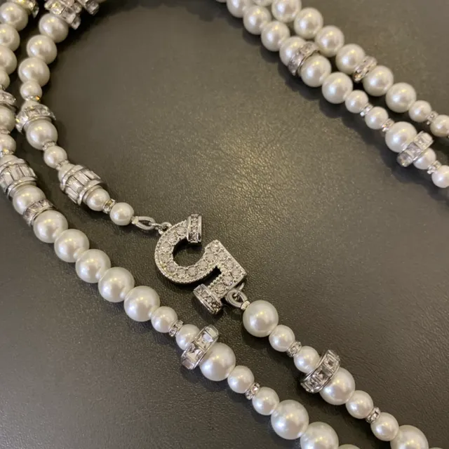 Double-Strand Pearl and Crystal Numeric Charm Necklace 9