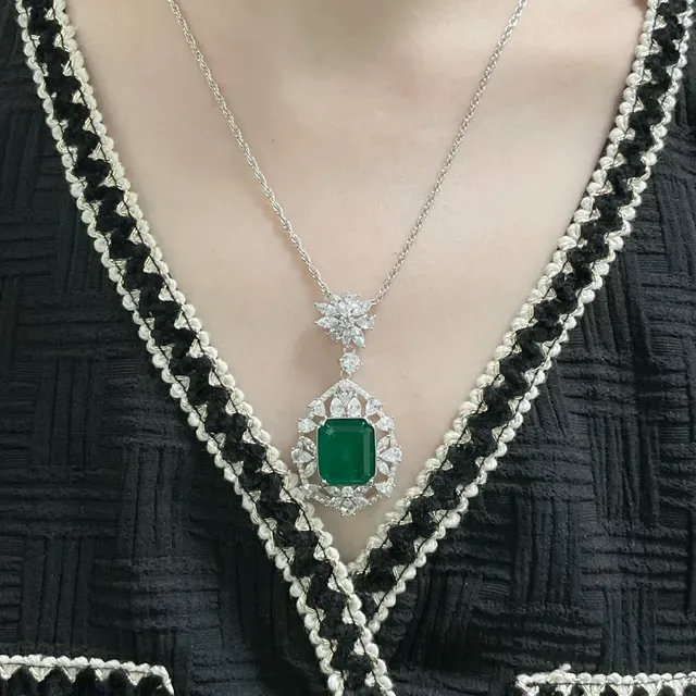 Emerald-Cut Green Gemstone Floral Halo Pendant Necklace 9