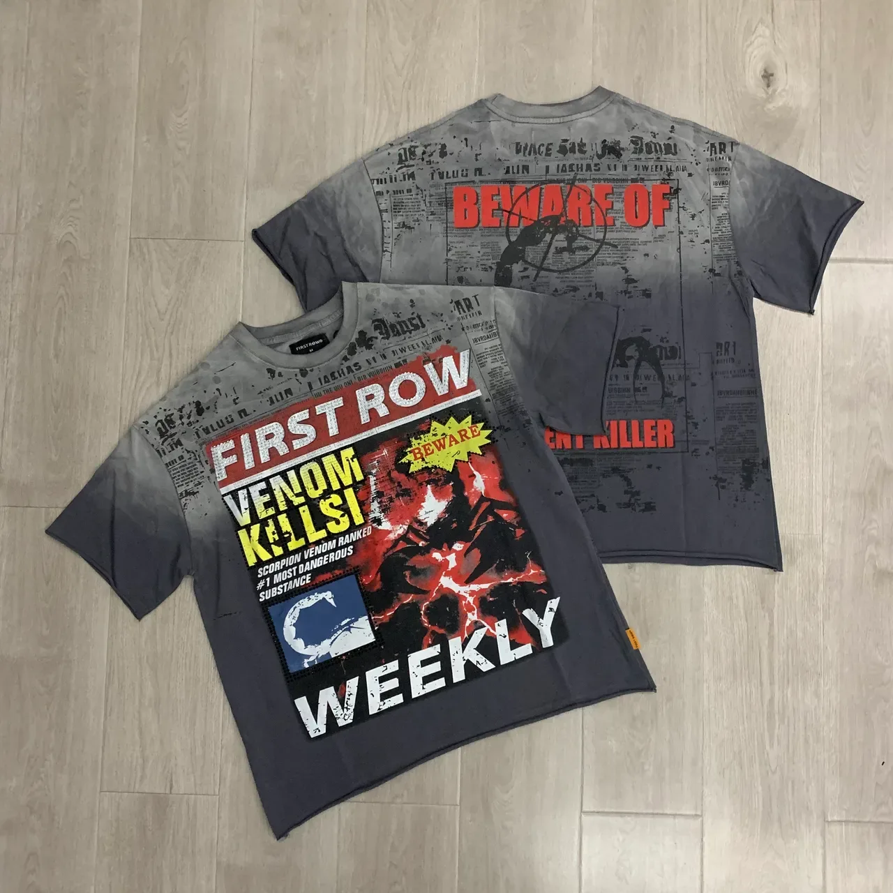 FIRST ROW Graphic Print Distressed Gray T-Shirt 4