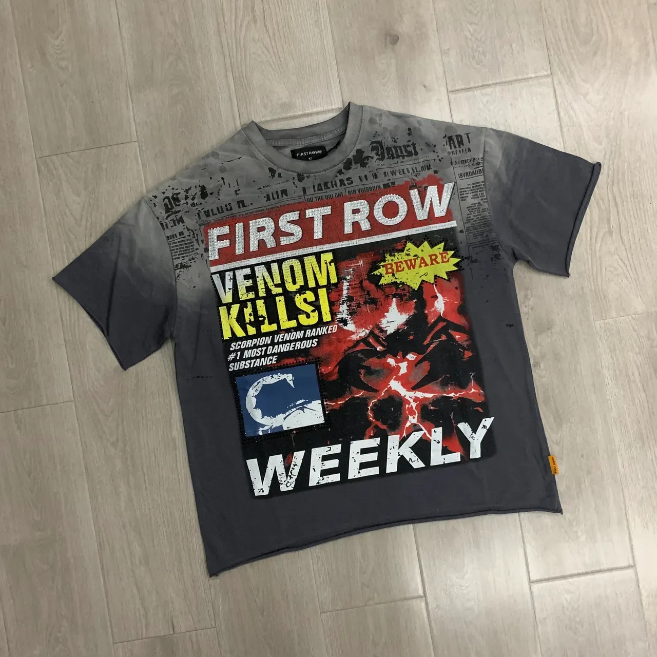 FIRST ROW Graphic Print Distressed Gray T-Shirt 5
