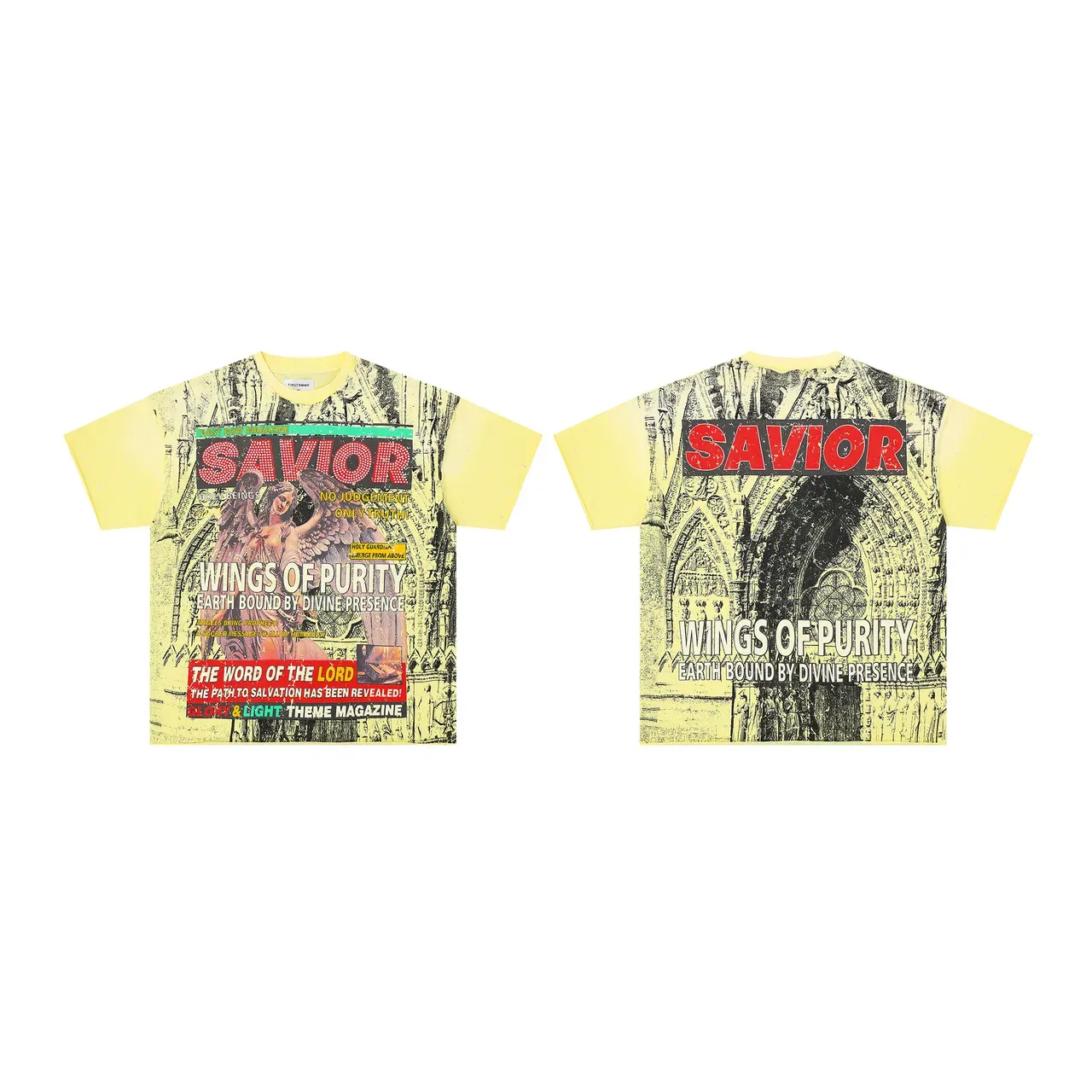 Camiseta amarela FIRST ROW com estampa gráfica de capa de revista 2