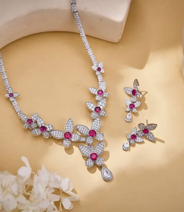 Floral Pavé Ruby and Diamond Drop Earrings 2