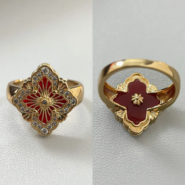 Floral Quatrefoil Enamel and Pave Crystal Rings 2