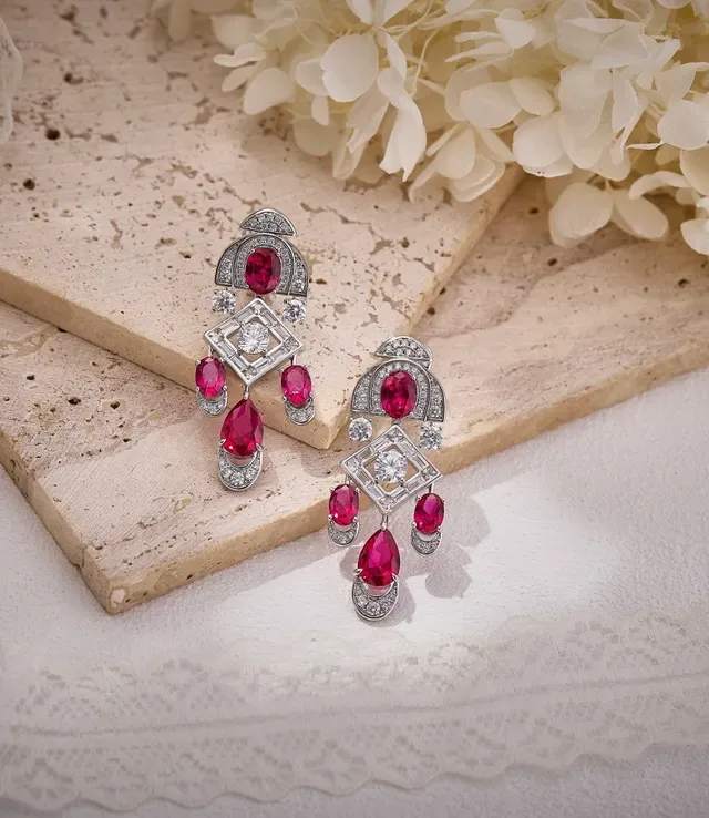 Geometric Multi-Tier Ruby and Diamond Chandelier Earrings 2