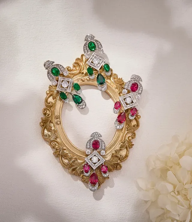 Geometric Multi-Tier Ruby and Diamond Chandelier Earrings 3