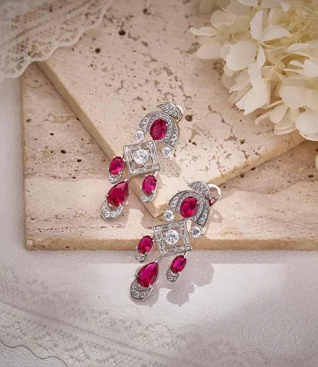Geometric Multi-Tier Ruby and Diamond Chandelier Earrings 5