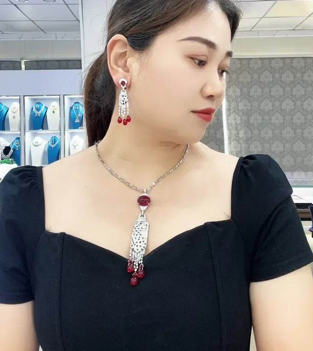 Geometric Pavé Diamond and Red Gemstone Drop Earrings 4