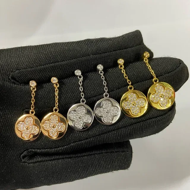 Gold and Silver Tone Pavé Clover Motif Chain Drop Earrings 2