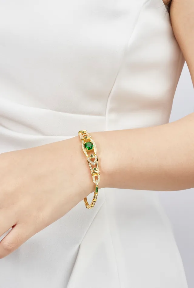Gold Green Geometric Link Pavé-Set Clear Stones Bracelet 2