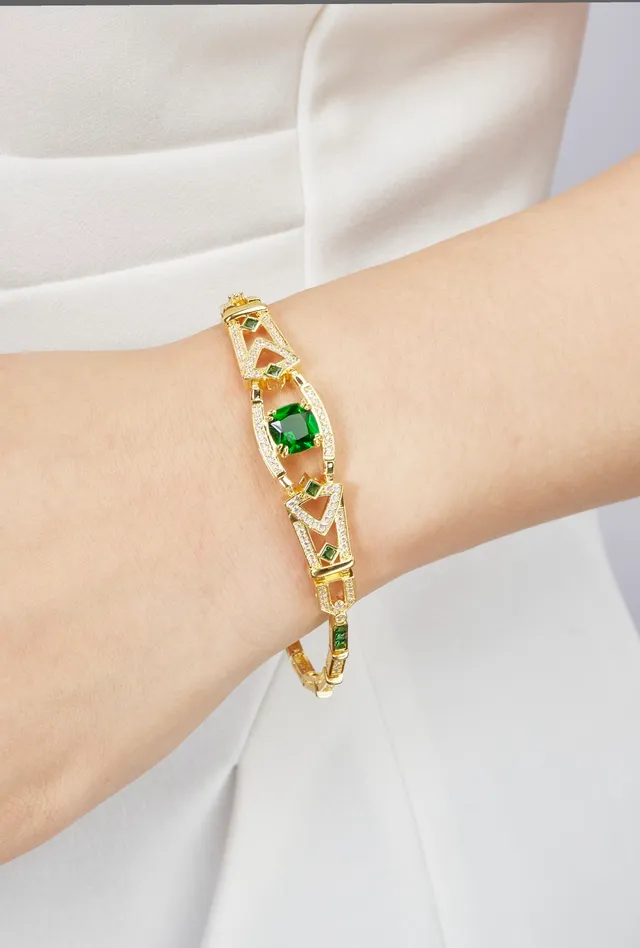 Gold Green Geometric Link Pavé-Set Clear Stones Bracelet 3
