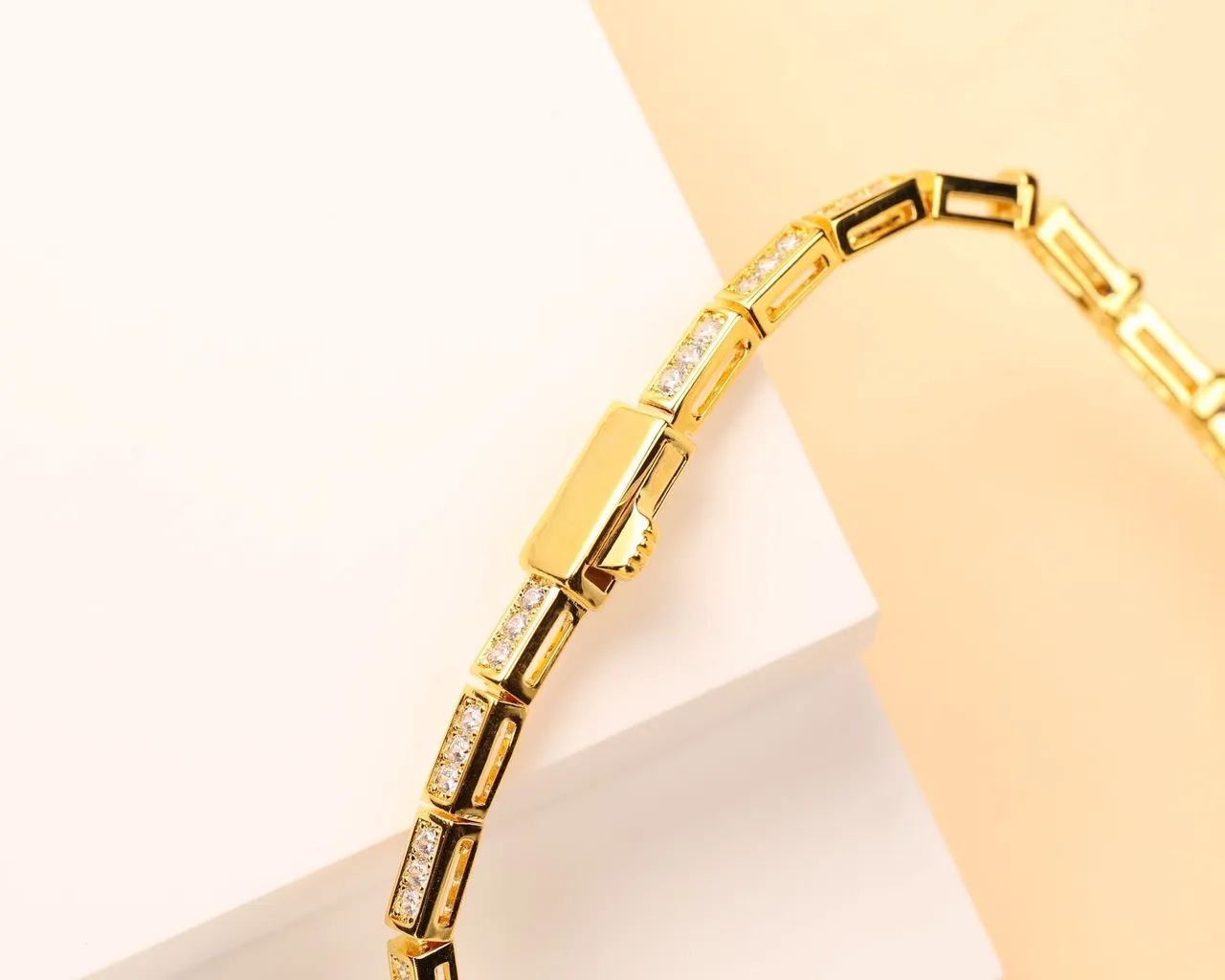 Gold Green Geometric Link Pavé-Set Clear Stones Bracelet 4