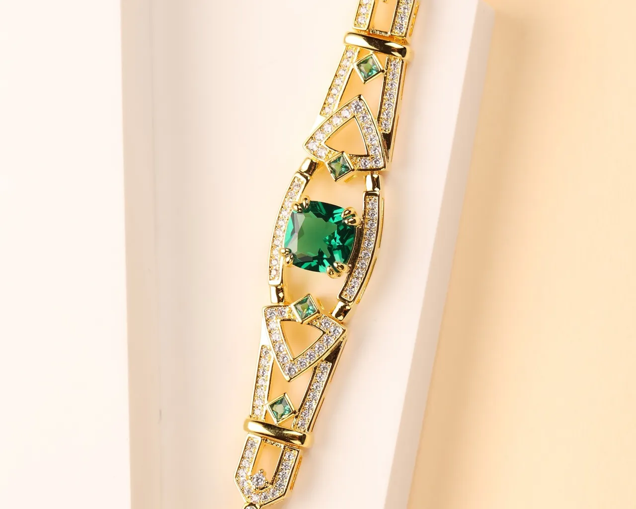 Gold Green Geometric Link Pavé-Set Clear Stones Bracelet 5