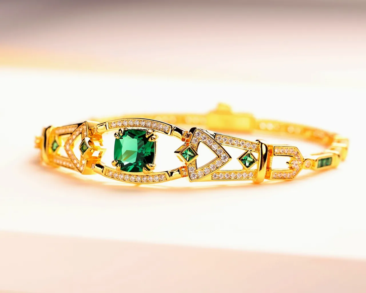 Gold Green Geometric Link Pavé-Set Clear Stones Bracelet 6