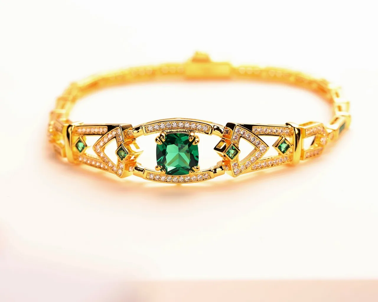 Gold Green Geometric Link Pavé-Set Clear Stones Bracelet 8