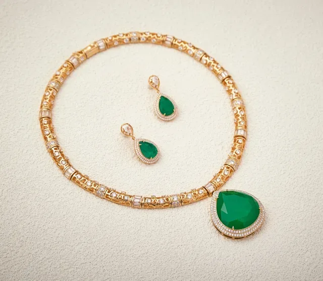 Gold Green Intricate Link Chain Pear-Shaped Gemstone Pendant Necklace 5