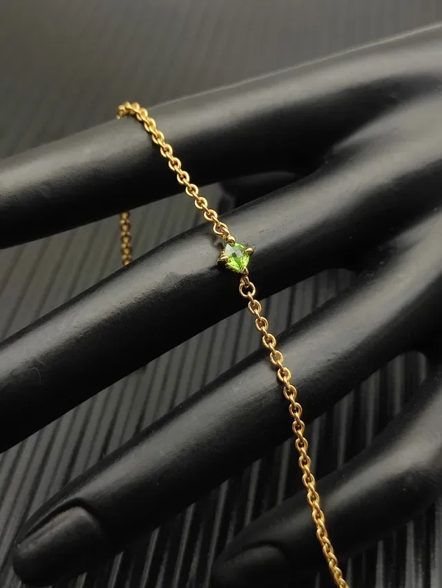 Pulseira Corrente de Cordoa Dourada Verde Pedra Facetada Simples 7
