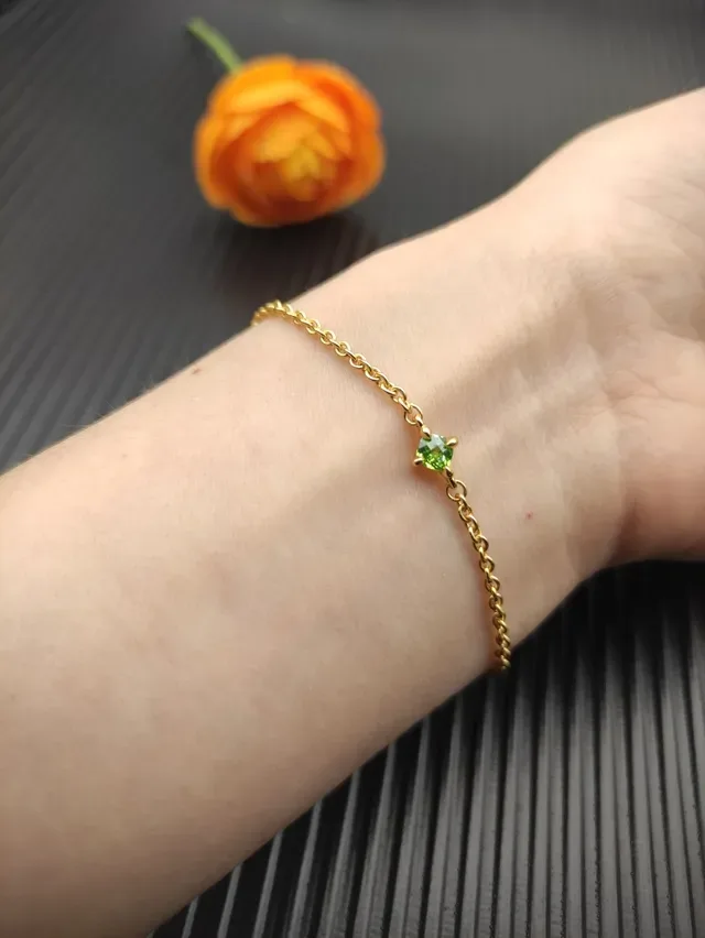 Pulseira Corrente de Cordoa Dourada Verde Pedra Facetada Simples 9