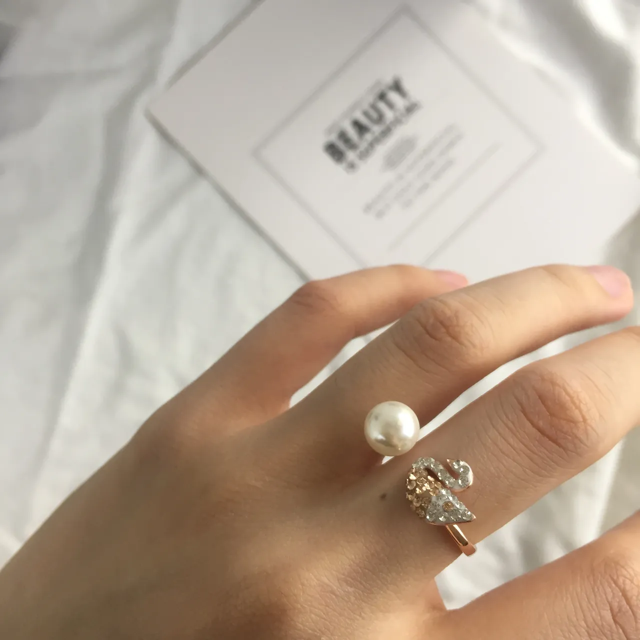 Gold Navy Open Single Freshwater Pearl Ring 4
