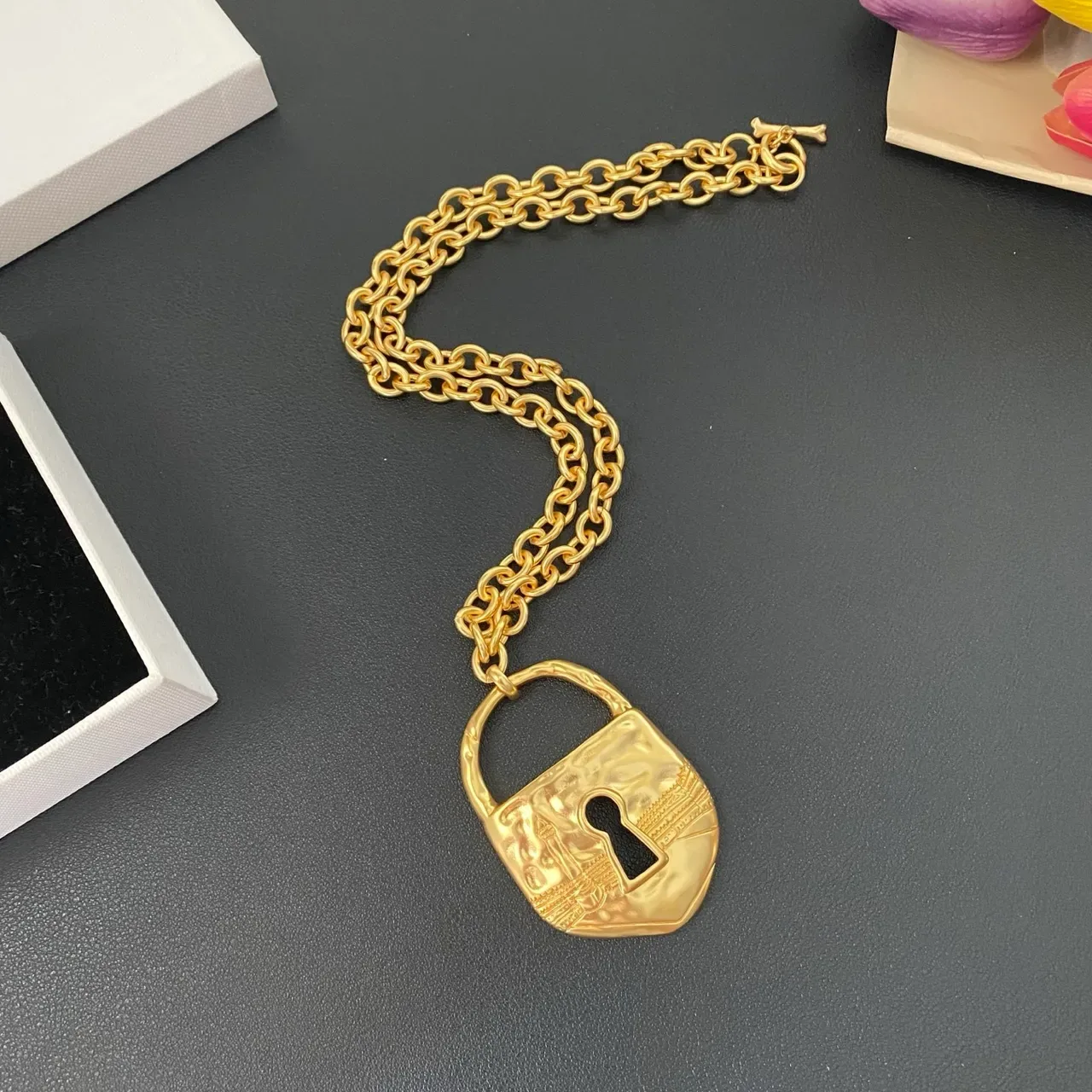 Gold Padlock-Shaped Textured Surface Necklace 10