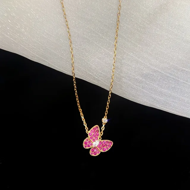 Corrente Dourada Rosa Pavé-Set Pedra Preciosa Borboleta Colar 2