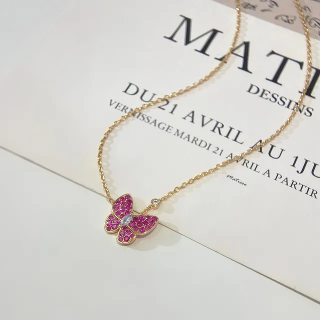 Corrente Dourada Rosa Pavé-Set Pedra Preciosa Borboleta Colar 4