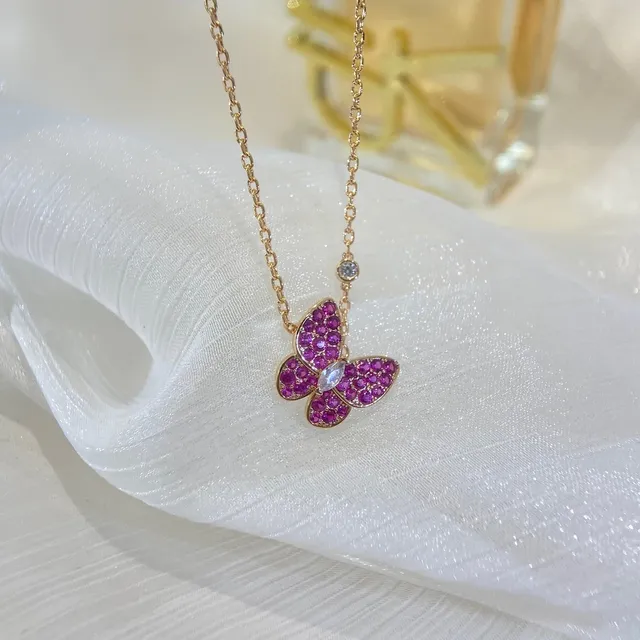 Corrente Dourada Rosa Pavé-Set Pedra Preciosa Borboleta Colar 7