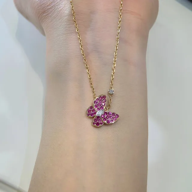 Corrente Dourada Rosa Pavé-Set Pedra Preciosa Borboleta Colar 8