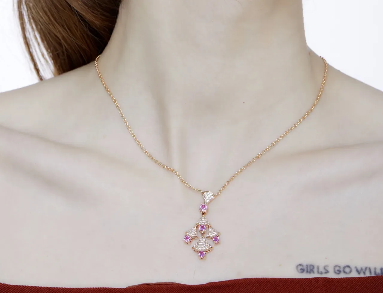 Gold Pink Fan-Tiered Pendant Pavé-Set Clear Stones Necklace 3