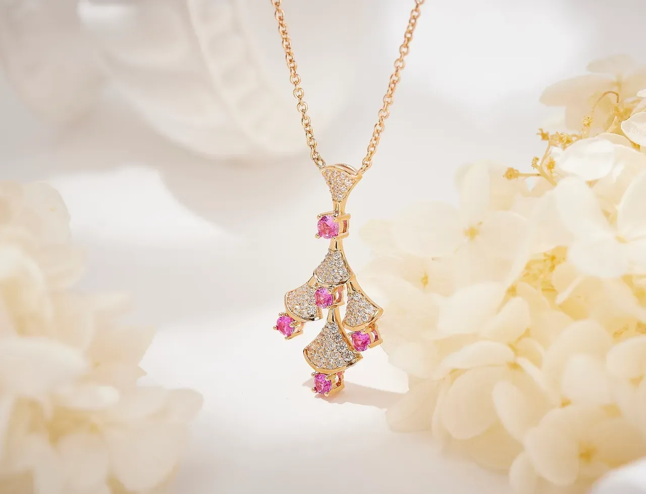 Gold Pink Fan-Tiered Pendant Pavé-Set Clear Stones Necklace 6