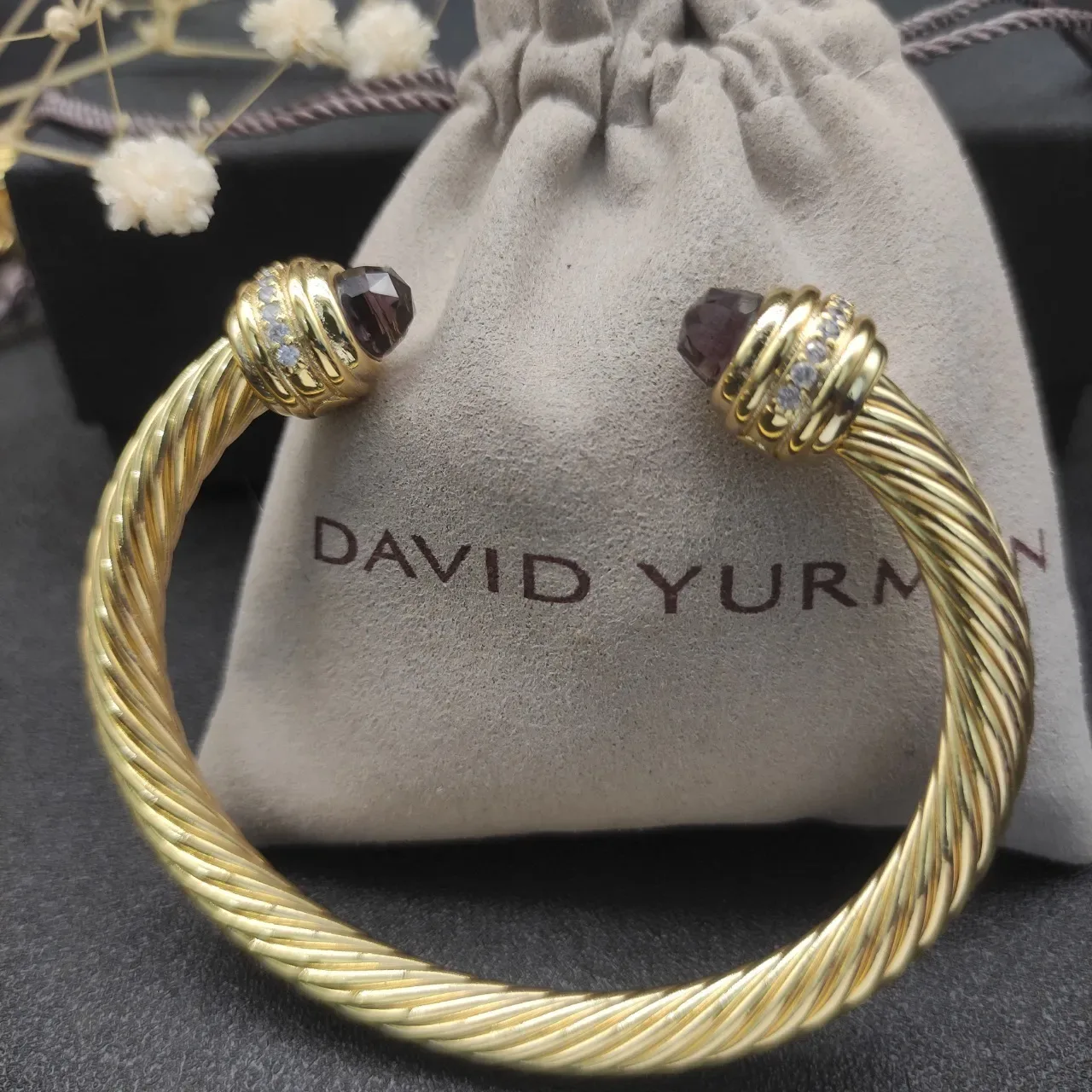 Gold Purple Twisted Cable Faceted Gemstone Terminals Bracelet 2