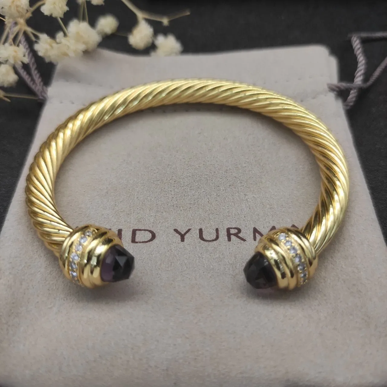 Gold Purple Twisted Cable Faceted Gemstone Terminals Bracelet 3