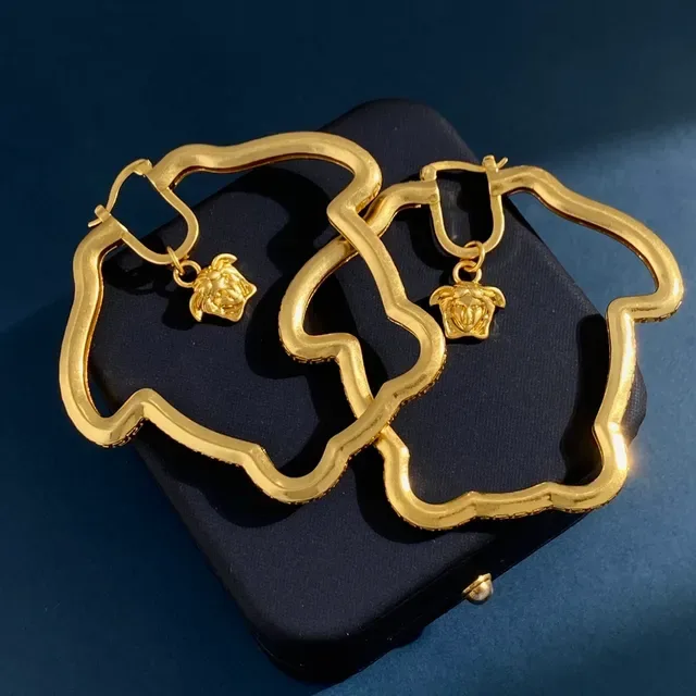 Gold Scalloped Hoop Greek Key Pattern Earrings 8