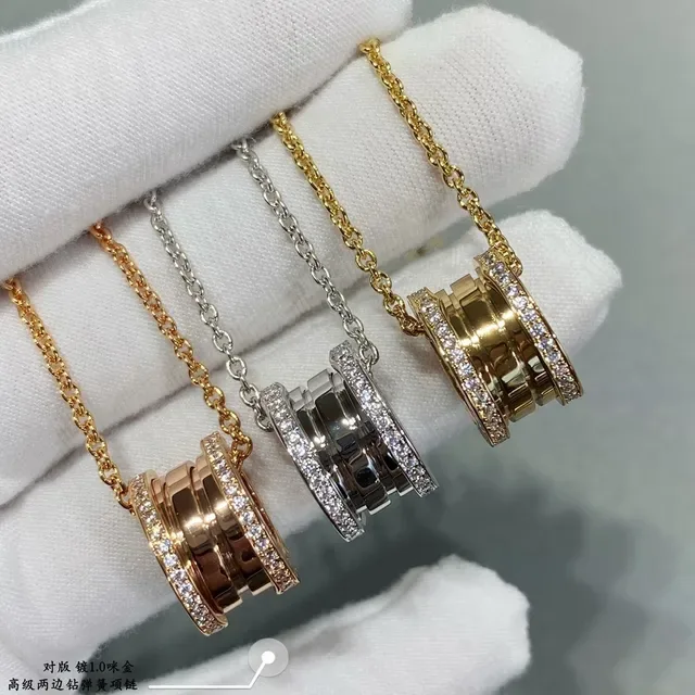 Gold Silver Cylindrical Barrel Pendant Pavé-Set Diamonds On Edges Necklace 2