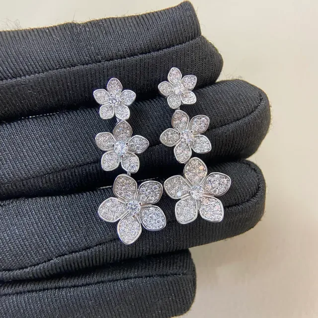 Gold Silver Flower-Shaped Pavé-Set Crystal Earrings 3