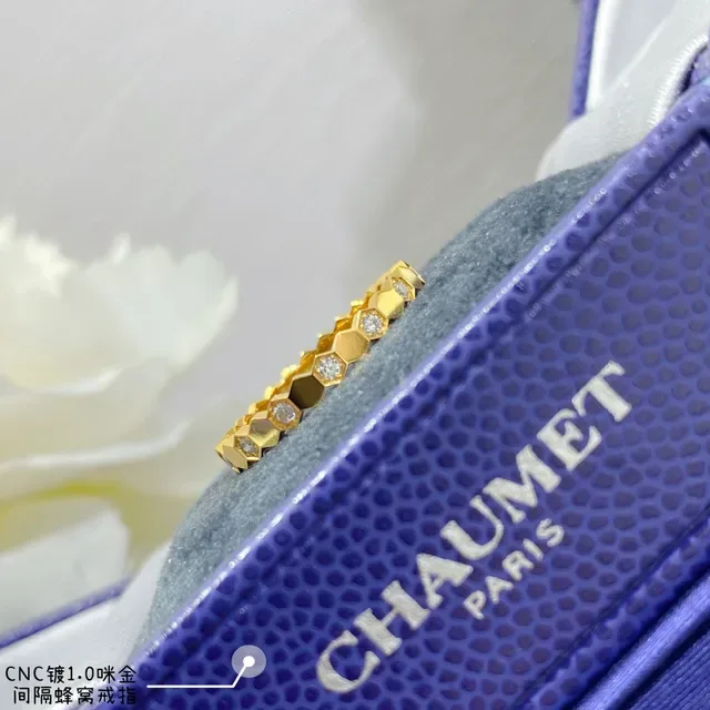 Gold Silver Hexagonal Link Pavé-Set Stones Ring 2